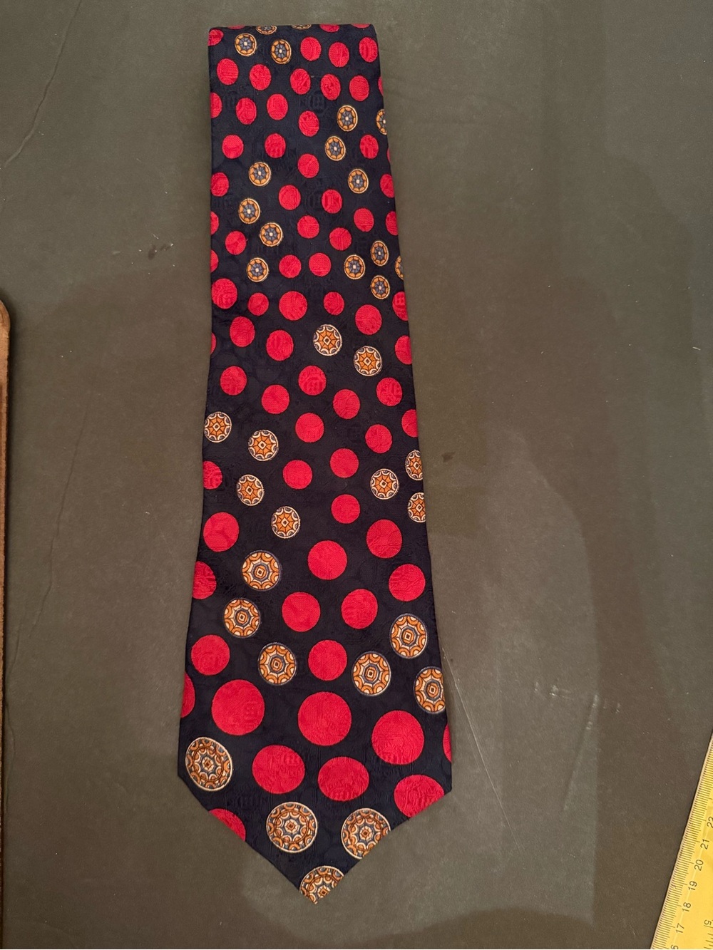 Vtg. Pierre Cardin Navy Tie with Red Polka Dots and Gold Medallions